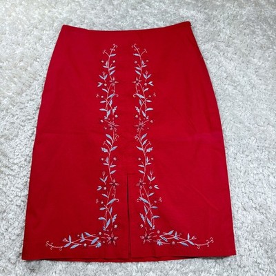 Ann Taylor Skirt 6 Red Embroidered Floral Pencil Boho VTG Rodeo Coquette Western