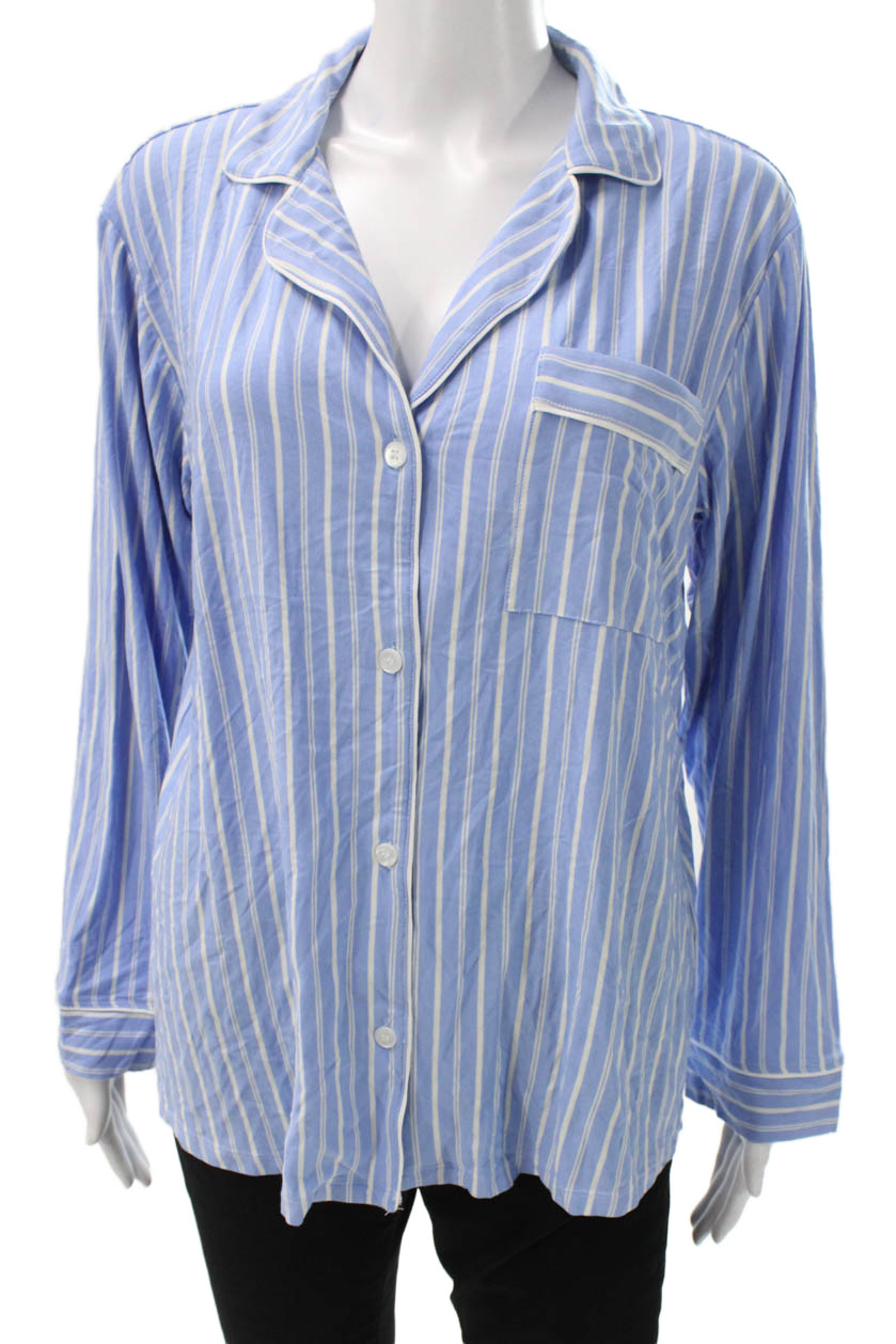 Eberjey Womens Button Front Collared Striped Pajama Shirt Blue White Size SmallFree Shipping in US $100+ Orders | $6.95 Orders Below