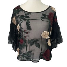 Forever 21 Black Sheer Floral Embroidered Top S Dark Romantic Goth Witchy Boho