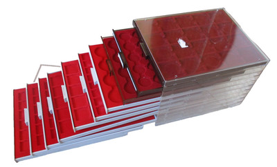 10 Coin Boxes From Lindner Glass With Round & Rectangular Indentations