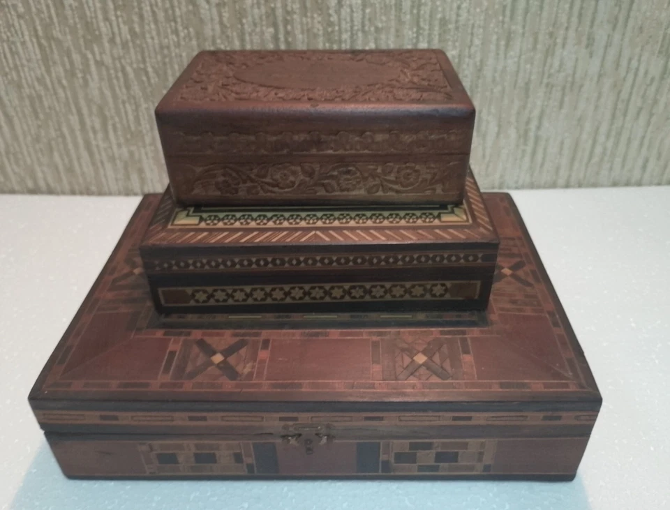 Drei  Schatullen aus Syrien, ca. 60 - 90 Jahre. Wunderschöne Intarsien/Schnitzer - Bild 2 von 4
