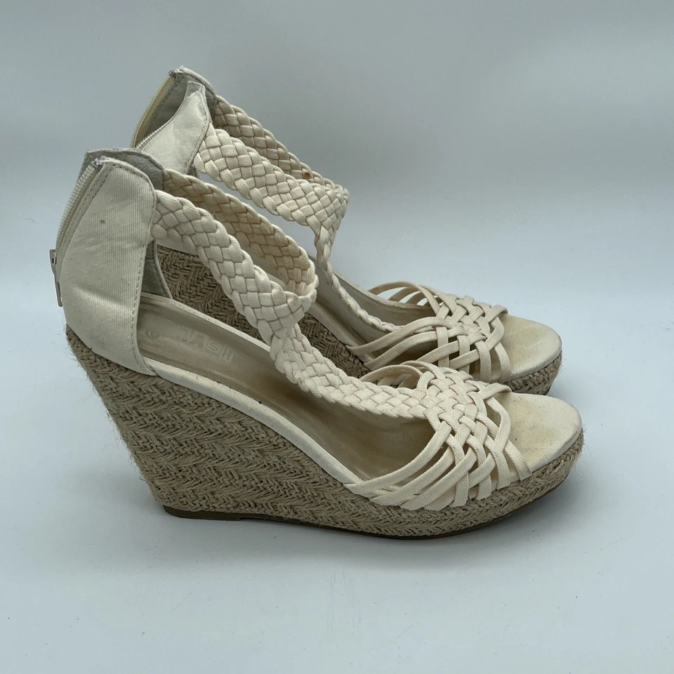 Alpargata de cuña beige Brash punta abierta tacones tejidos para mujer TALLA 7,5 cremallera trasera Foto 2 de 4