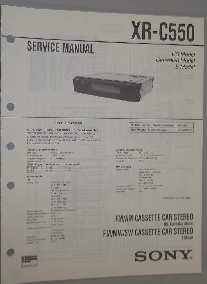 Sony AM-FM Stereo Cassette Player XR-C550 OEM Service Manual | EBay