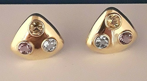 three colored stone 14KT button earrings