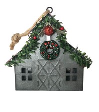 Rustic Tin Barn Ornament Silver Galvanized Metal Christmas Wreath Garland 3.5"