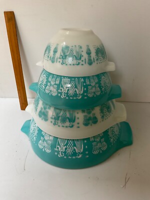 RARE VINTAGE PYREX BUTTERPRINT CINDERELLA SET 4 BOWLS TURQUOISE AMISH
