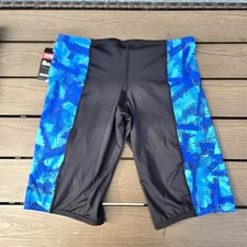 TYR Durafast Vesuvius Mens Black/Blue Drawstring Splice Swim Jammer Size 32 New