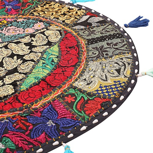 Black Round Floor Pillow Cushion Cover Vintage Patchwork Pouf Cushion Ottoman - Picture 3 of 6