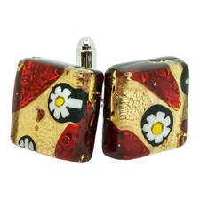 Murano Glas Manschettenkn&ouml;pfe Rot Gold Schwarz Millefiori Paar Quadrat