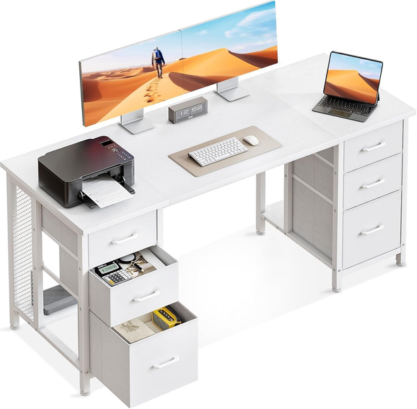 Coleshome Schreibtisch Mit 6 Stoff Schubladen, 160×52 Cm, Weiß-image