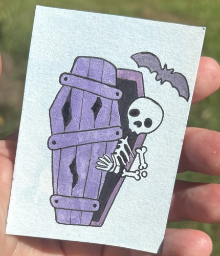 Original Art ACEO ATC Watercolor Painting Bat Skeleton Coffin Goth Halloween