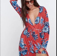 Zara Floral Print Dress Size Large V-neck Button Down Long Sleeve Red Blue White