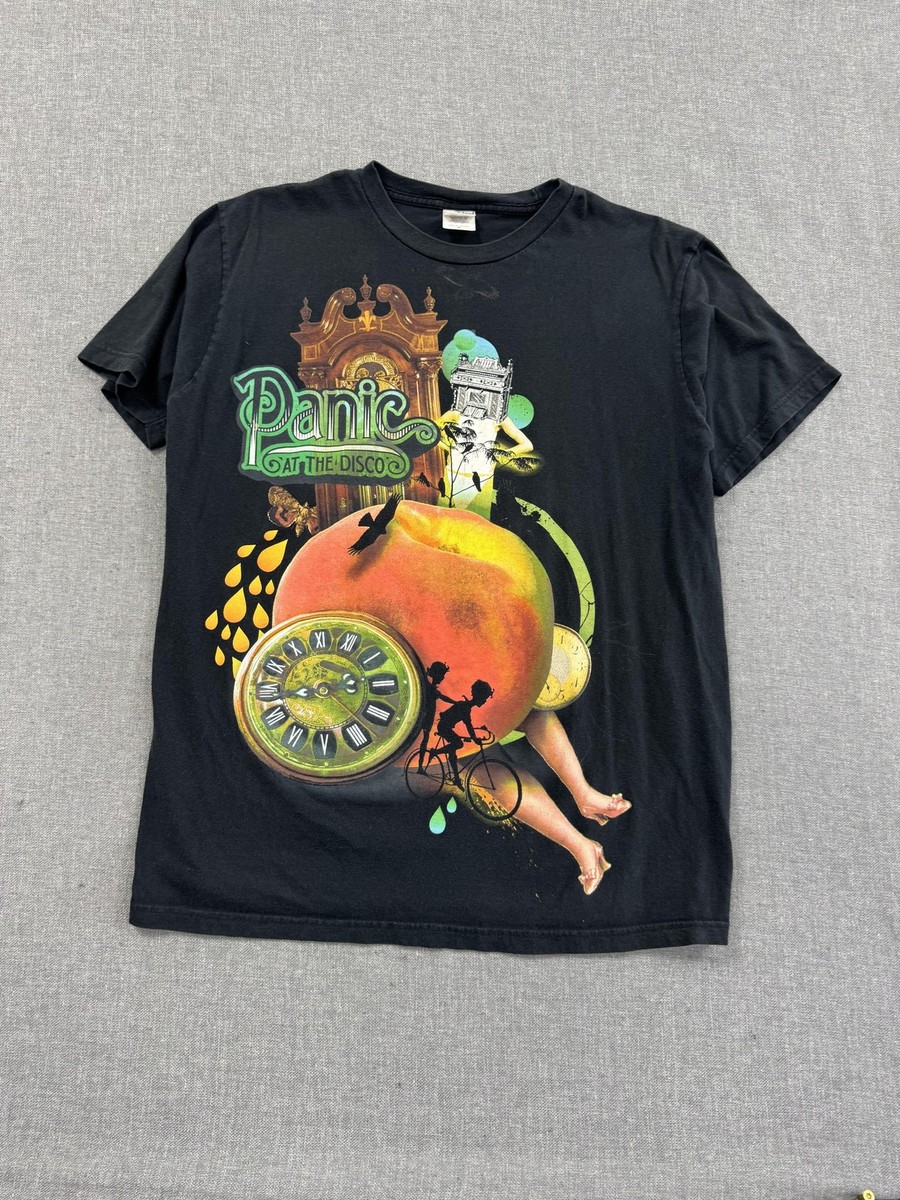 Vintage Panic! At The Disco T-Shirt Mens XL Black Peach Clock Emo