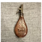 Civil War Era Antique Leather & Brass 3LB Black Powder Flask Hunter Dog Embossed