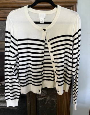 H&M Women s White/Black Striped V-Neck Button Knit Cardigan Sweater L
