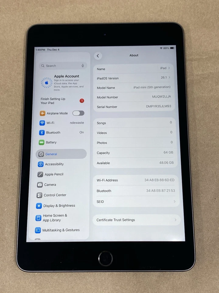 Apple iPad Mini 5 64GB MUQW2LL/A Space Gray – Wi-Fi Only – Unlocked-N344 - Image 4 of 4