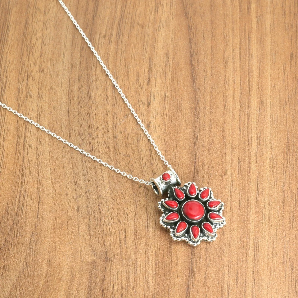 Colar de coral prata esterlina 925 colar pingente de coral vermelho natural - Imagem 4 de 4