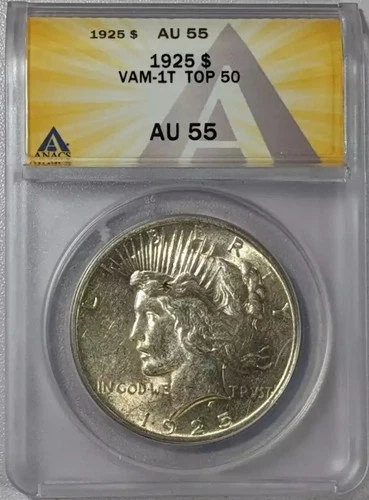 1925 P Peace Silver Dollar ANACS AU-55 VAM 1T SHORTENED AND MISSING REVERSE RAYS
