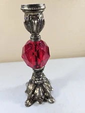 Vintage Gothic Brass & Red Glass 8” Candlestick Holder