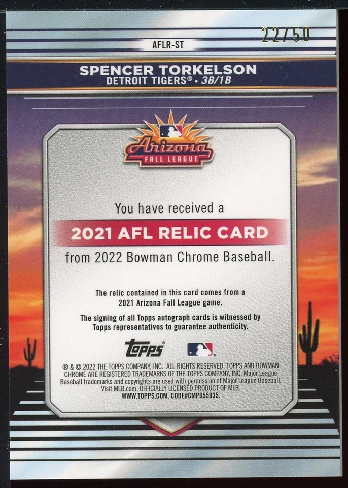 2022 Bowman Chrome '21 AFL Autograph Relics #AFLR-ST Spencer Torkelson /50 - Image 2 of 2