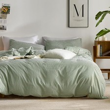 100 Cotton Classic Striped Queen Size Duvet Cover Set Green White