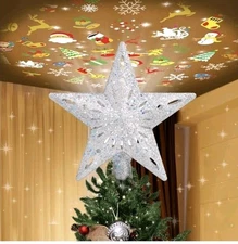 Led  Tree Topper, light Projector With 3 Slides.  Silver Christmas star.