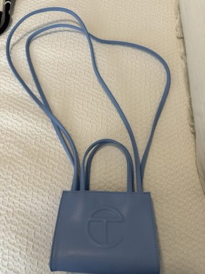 Telfar Mini Light Blue Crossbody Bag with Top Handle and Logo Accent
