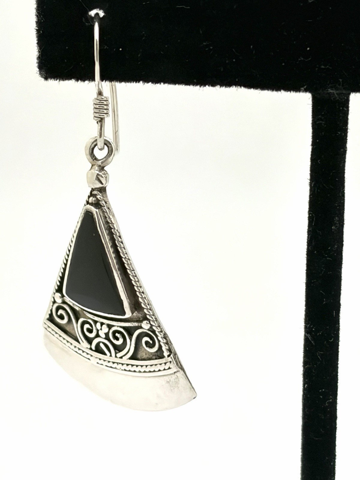 Solid Sterling Silver/Blk. Onyx Triangle Dangle E… - image 4