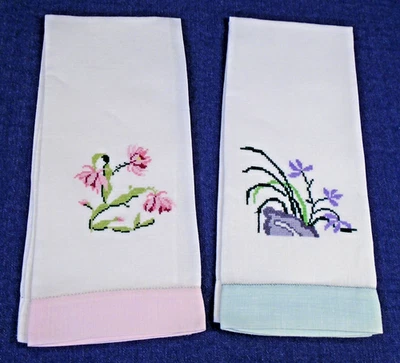 2 Embroidered Linen Face Hand Guest Towels Micro Cross Stitch 14x22" - Image 1 of 4
