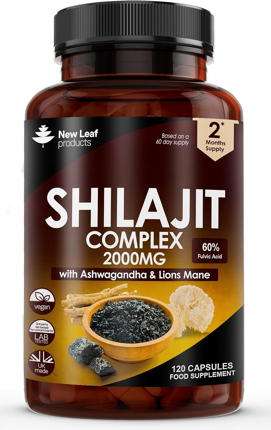 Shilajit Complex 2000mg Ashwagandha Lions Mane 60% Fulvic UK 2 Month