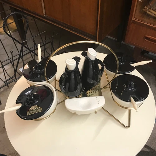 Vintage Kenwood Black & White Condiment Set with Rotating Caddy