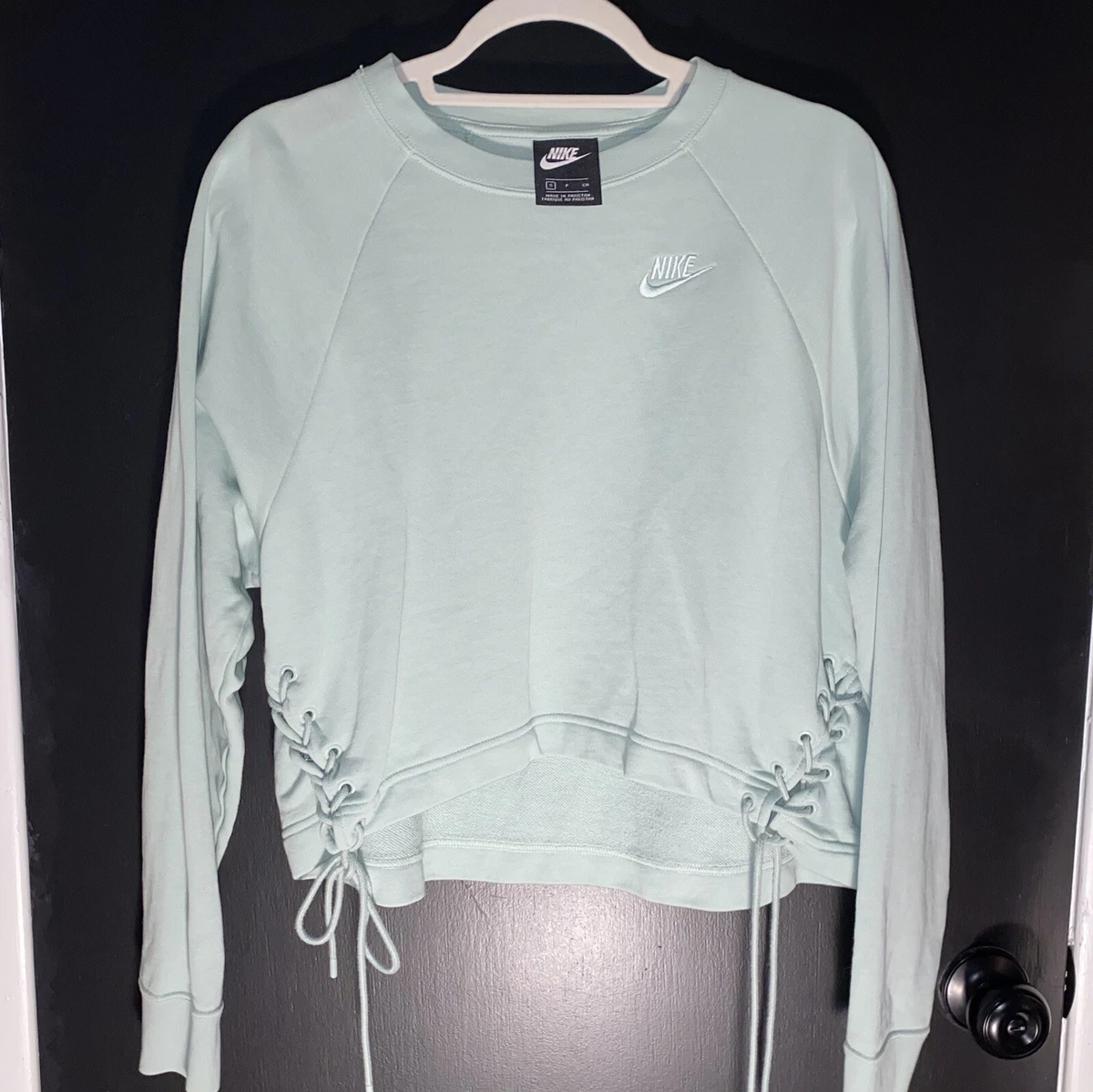 NIKE light blue Cropped High Low crewneck Sweatshirt Lace Side
