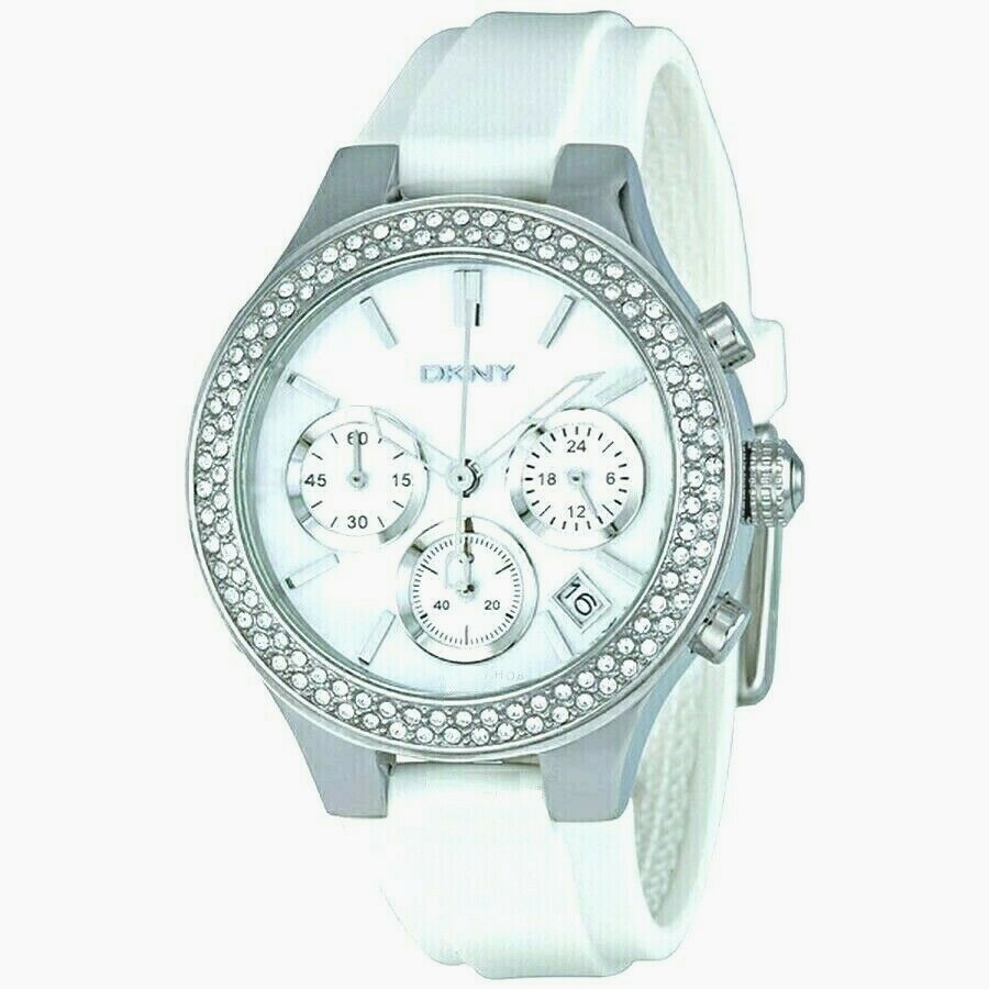 NEW DKNY WHITE SILICONE,SILVER TONE,CRYSTALS,CHRONOGRAPH  display picture 2