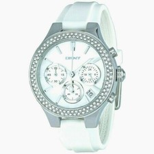 NEW DKNY WHITE SILICONE,SILVER TONE,CRYSTALS,CHRONOGRAPH & MOP DIAL WATCH NY8196
