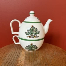 Spode Christmas Tree “Cheer Tea for One" Set, Tea Pot and Large Cup W Box