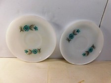 2 pc Vintage Fire King Saucers 6" Milk Glass Bonnie Blue Flowers Oven Ware