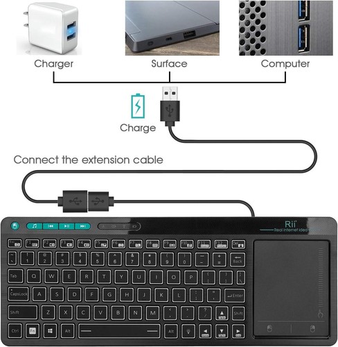 Rii K18 plus Wireless 3-LED Color Backlit Multimedia Keyboard with Multi-Touch B - Picture 5 of 7