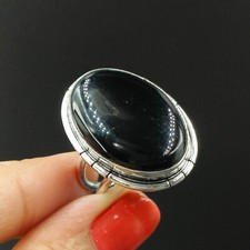 Natural Black Onyx Oval Gemstone 925 Sterling Silver Ring Size-8 US