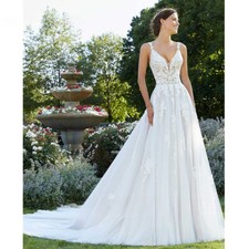 Elegant Wedding Dresses Applique Lace V-Neck Backless Bridal Gowns Court Train