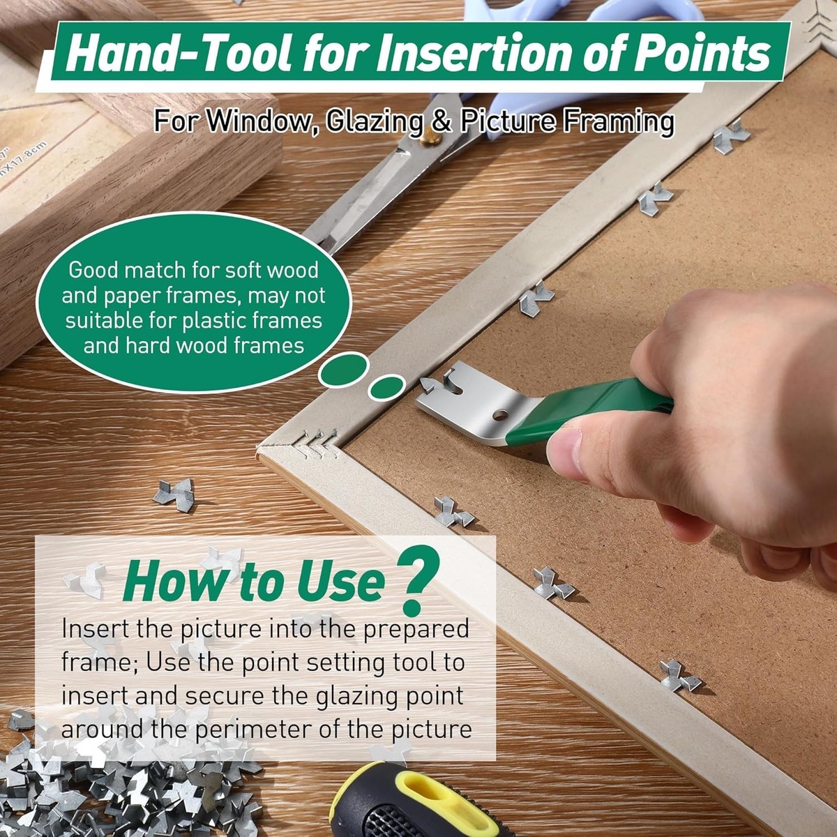 Lettry Glazier Point Driver – Push Point Setting Tool With 120 Points, For Framing Glass, Pictures, And Cross Stitch In Wooden Frames