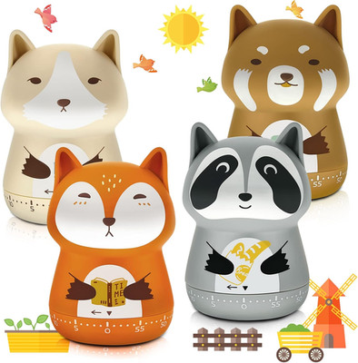 4 Pieces Cute Kitchen Timer Animal Mechanical Manual Fox Raccoon Bear Wolf 60 Mi