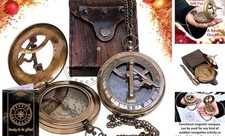 Brass Sundial Compass with Leather Case and Chain - Push Open Compass -