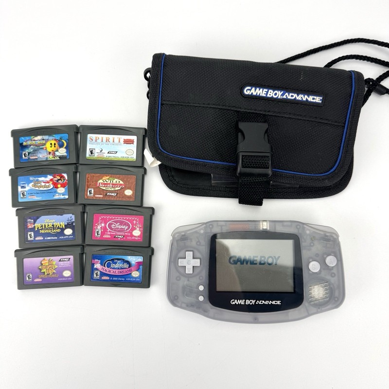 Nintendo Game Boy Advance Glacier Clear - 8 Games & Case - OEM Battery Cover VG