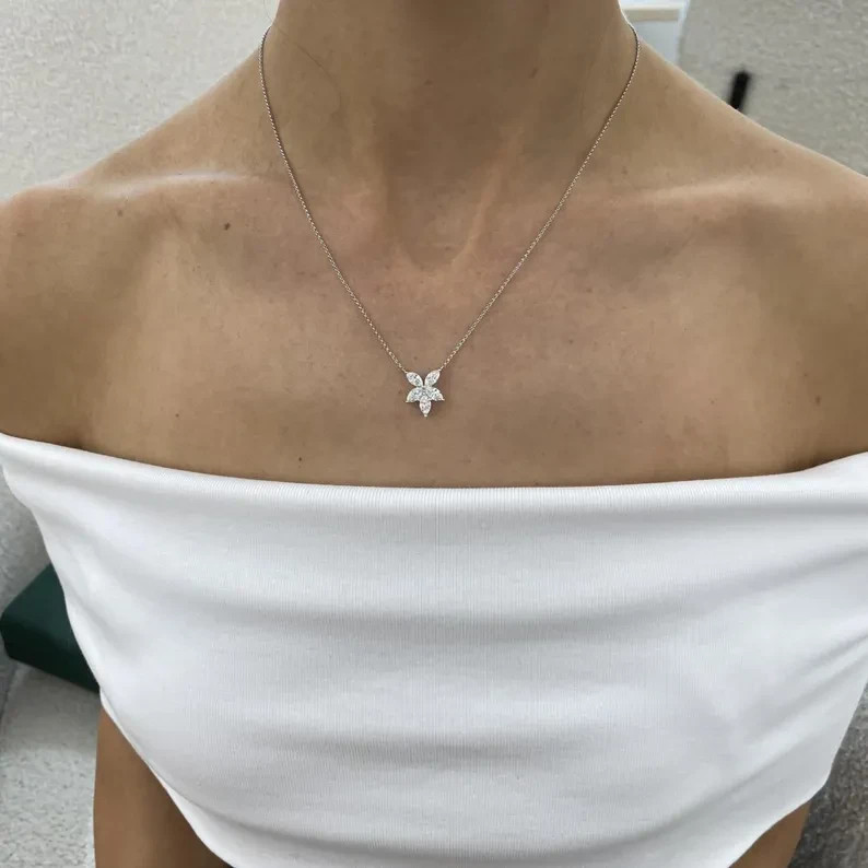 1.25 Ct Lab Grown Marquise Cut Diamond Flower Necklace, 14K White Gold Necklace