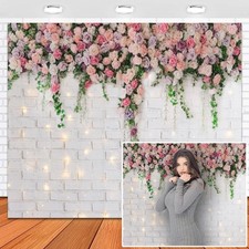 10x8 Ft Vinyl Floral White Brick Wall Backdrop Pink Rose Photo Studio Prop