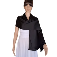 Black Satin Silk Shawl. Handmade Long Scarf. Black Wrap Scarf.