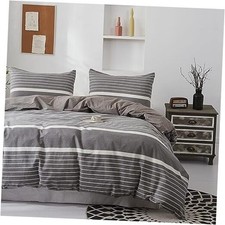 Bedding Duvet Cover Set 100 Washed Cotton Linen Queen Button Closure - Grey