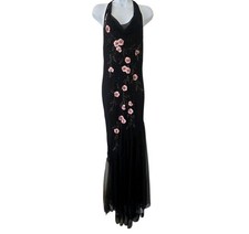 Xscape Black Silk Beaded Floral Halter Gown D...
