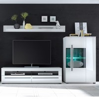 Anbauwand Wohnwand Hochglanz Weiß Tv-Kommode Highboard Fernsehschrank Lowboard
