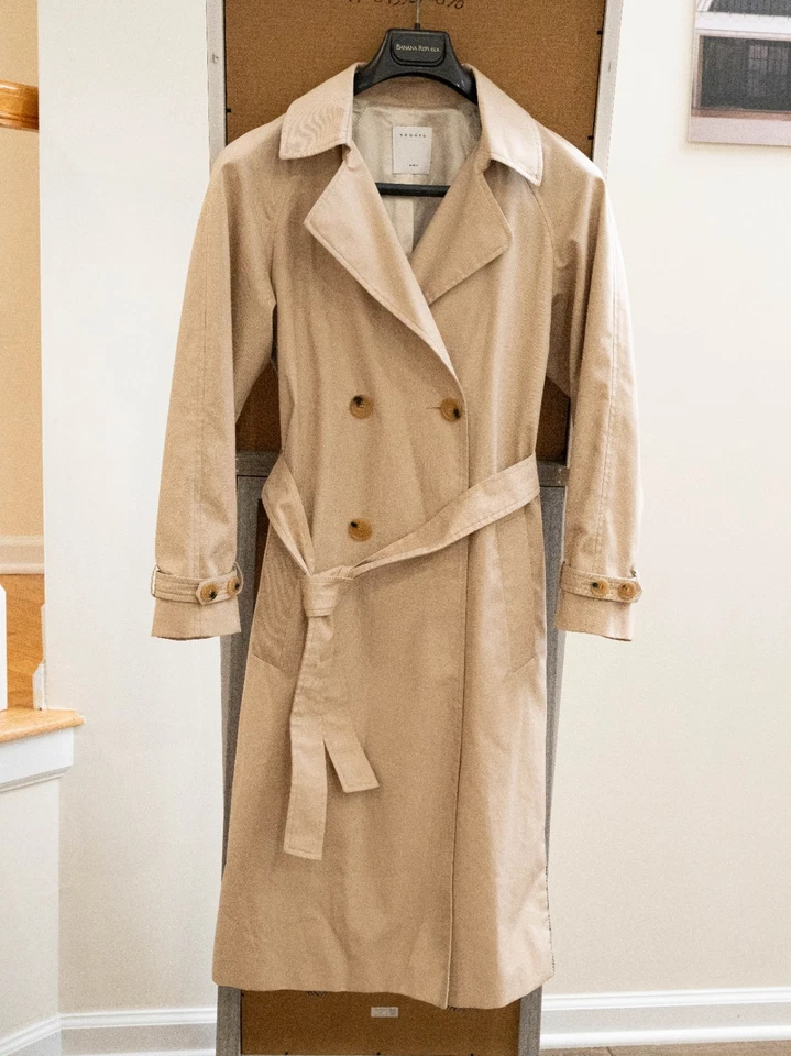 Gabardina Sandro Beige Plisada Espalda con Detalle de Seda a Cuadros - Talla FR 36 (Pequeña Foto 2 de 4
